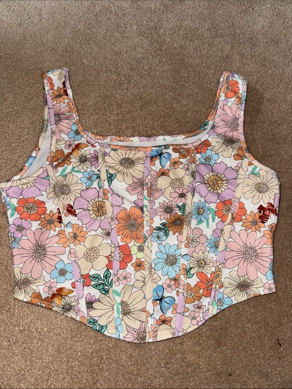 Floral Square-Neck Crop Tank Top - Pastel Multi